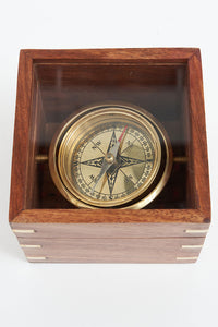 Navigation Compass in a Glass and Wooden Presentation Box Nautical Office Decoration Batela Giftware