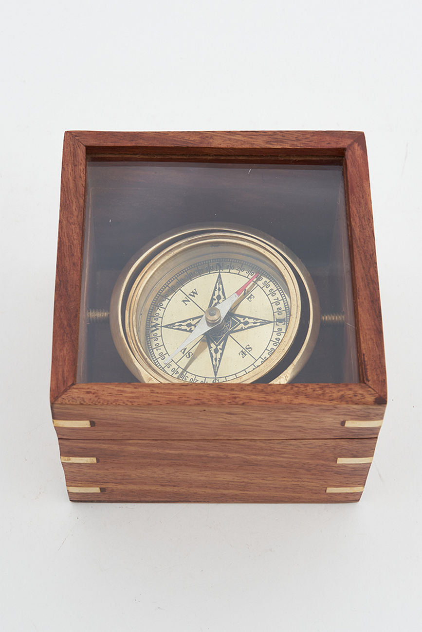 Navigation Compass in a Glass and Wooden Presentation Box Nautical Office Decoration Batela Giftware