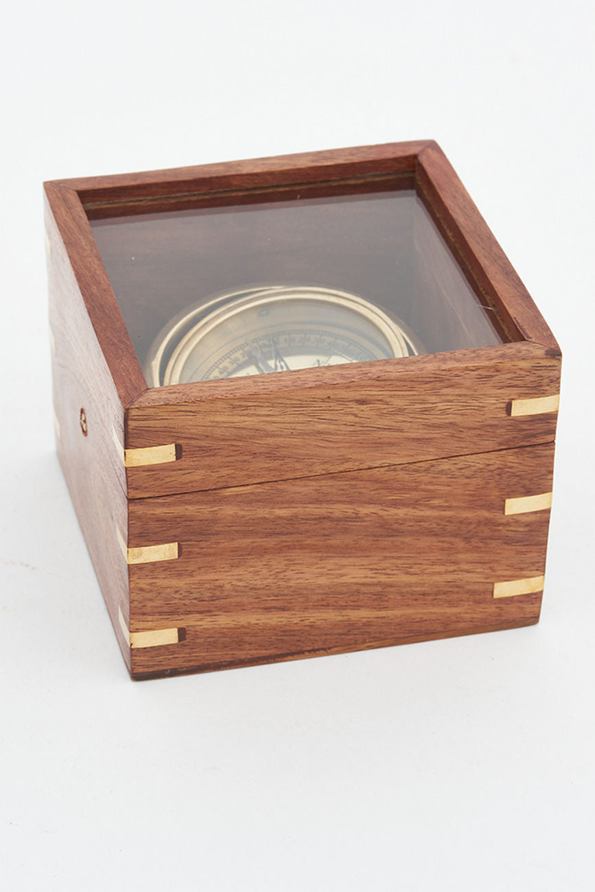 Navigation Compass in a Glass and Wooden Presentation Box Nautical Office Decoration Batela Giftware