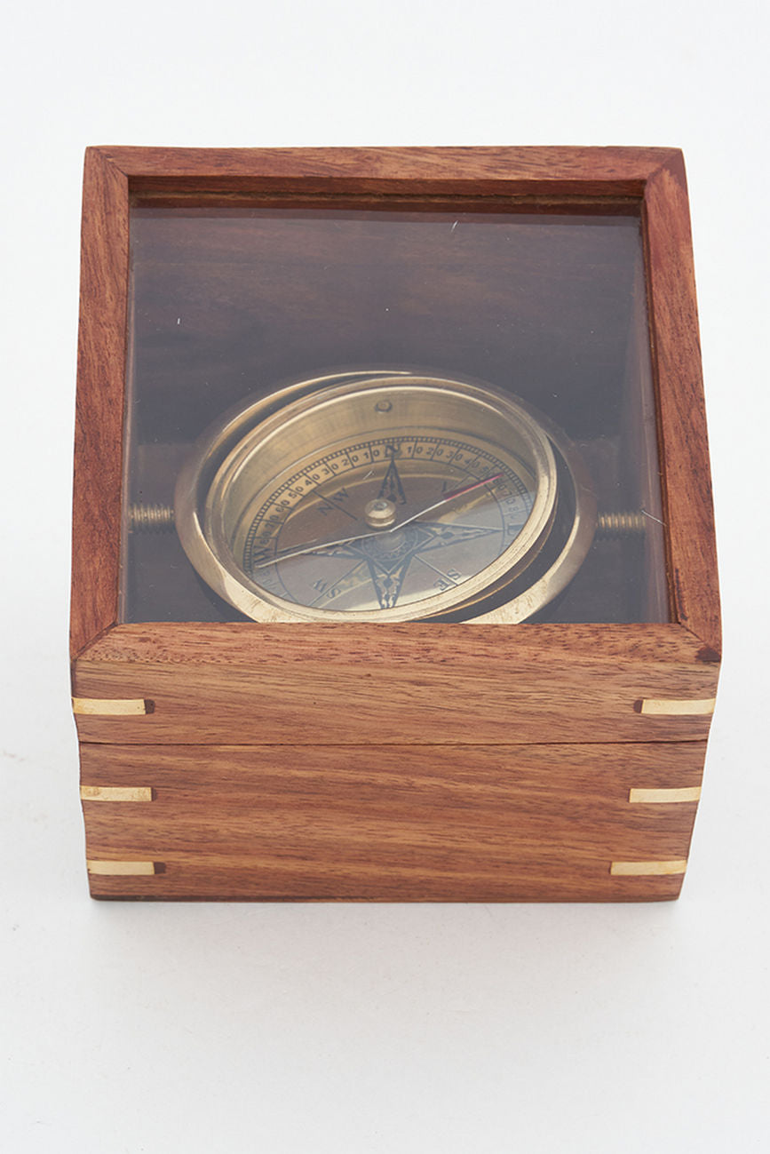 Navigation Compass in a Glass and Wooden Presentation Box Nautical Office Decoration Batela Giftware