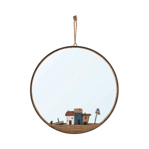 Driftwood Mirror with Houses - Round by Batela