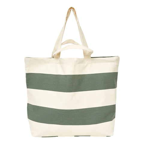 Large Canvas Tote Bag - Green/White Wide Stripes by Batela